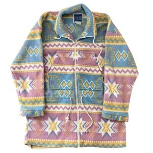 Boho Fleece Jacket Southwestern Print Full Zip Pockets Women Size S Colorful